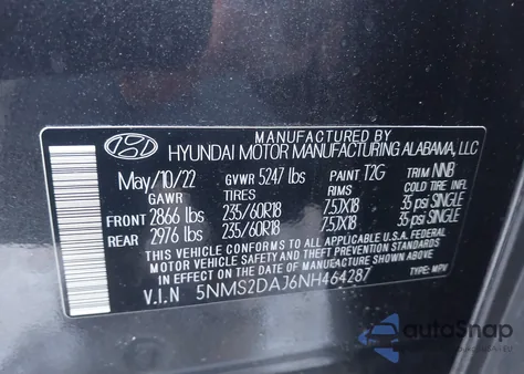 2022 Hyundai Santa Fe Sel из США, поврежденный, VIN 5NMS2DAJ6NH464287